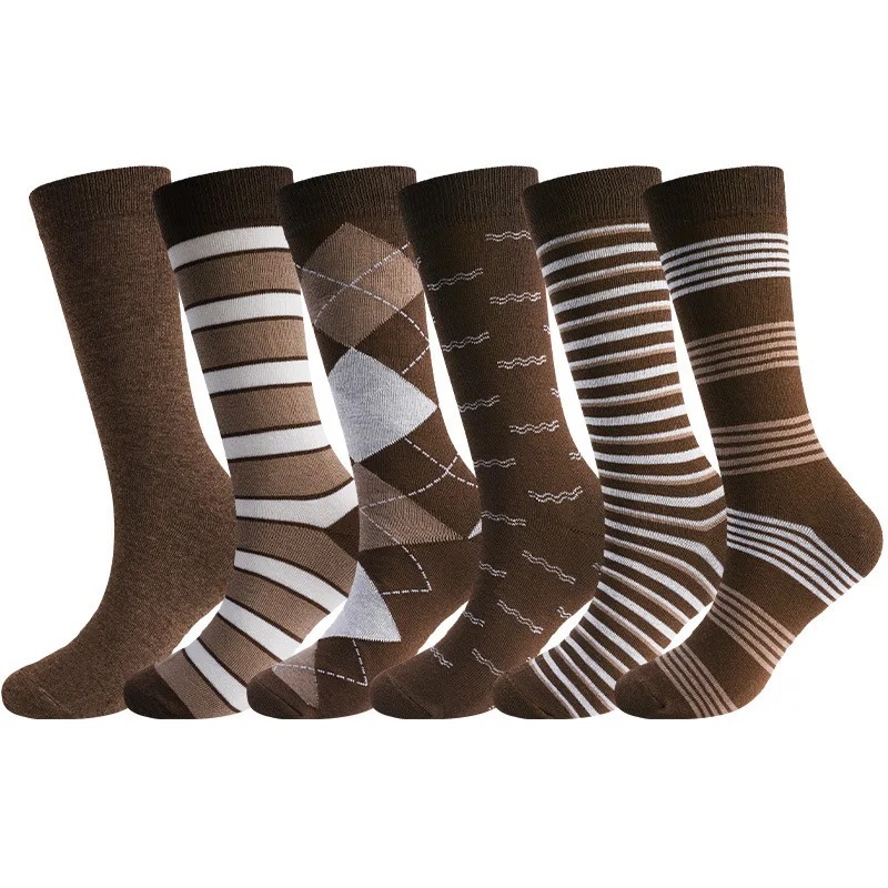 Dress Sock Men - 6足組ヴィンテージブラウンアーガイルストライプクルソックス、レトロダイヤモンドグリッドビジネスカジュアルドレスソックス（男性用）