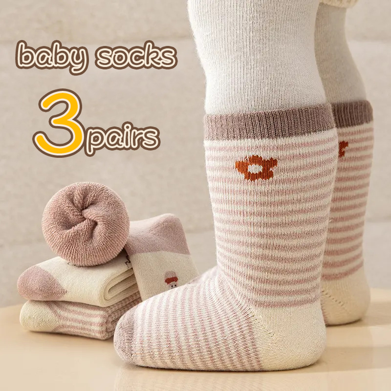 Thermal Sock Winter - 5 ペア冬ベビーぬいぐるみ靴下ファッションストライプ新生児ミッドチューブ靴下厚いベルベット子供暖かい靴下 0-3 年熱靴