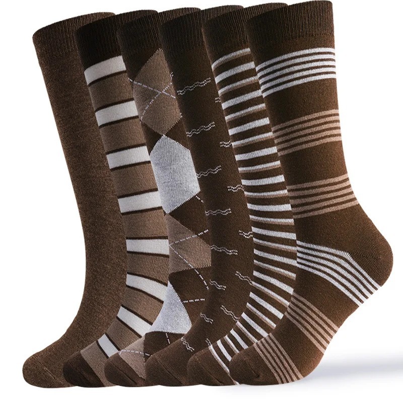 6足組ヴィンテージブラウンアーガイルストライプクルソックス、 - Dress Sock Men のレビューと価格